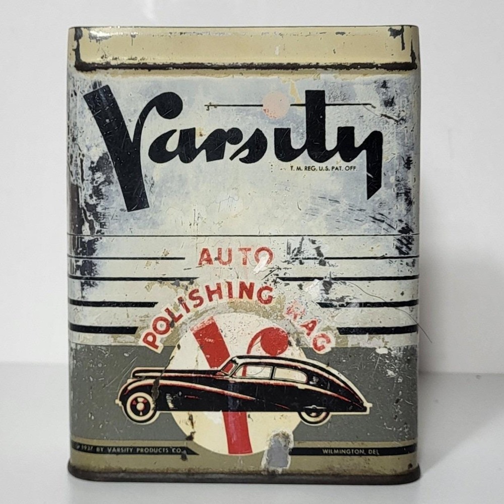 Vintage 1937 Varsity Auto Polishing Rag Tin Wilmington Delaware Art Deco Car